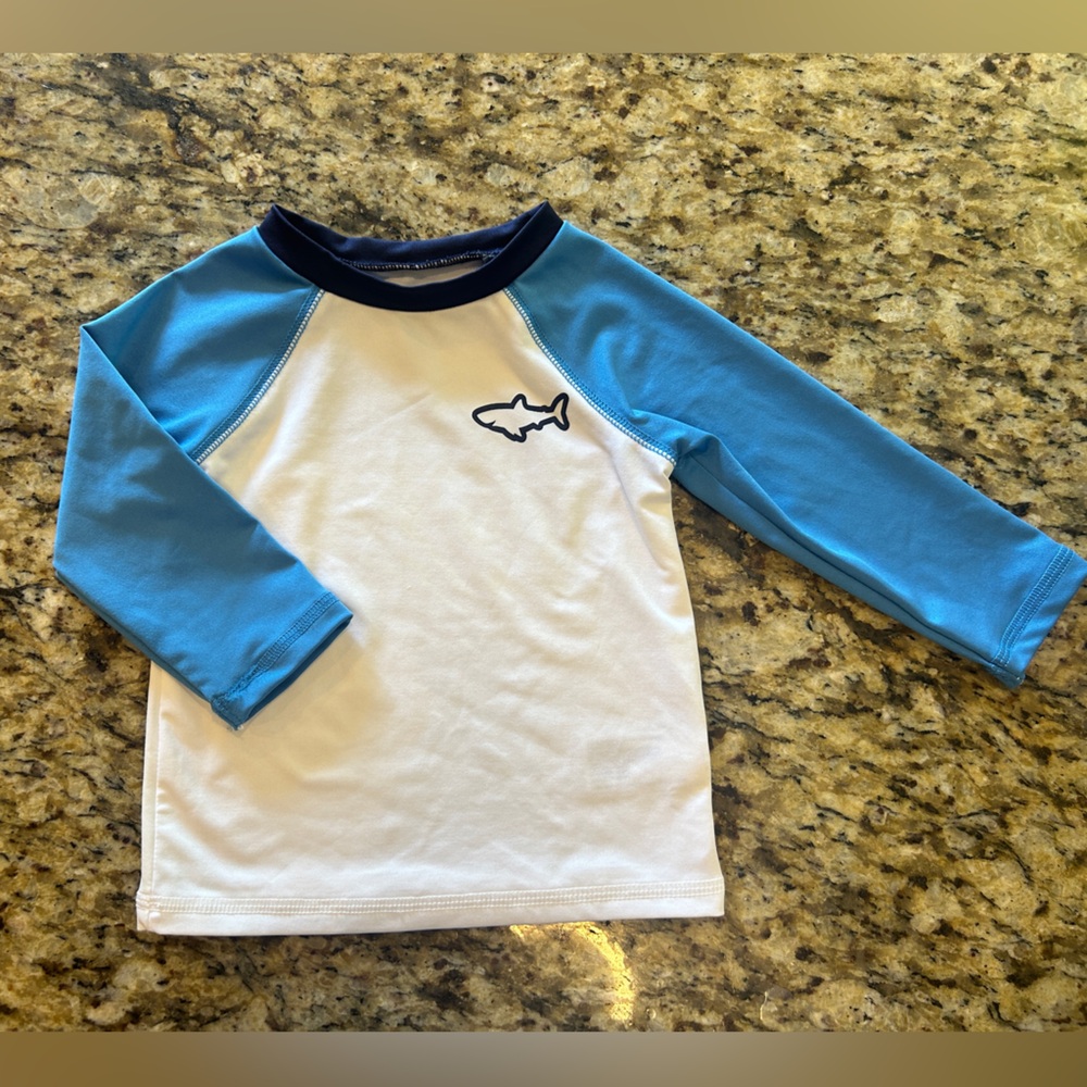 Cat & Jack Boy Rashguard shirt blue white raglan shark 12 month